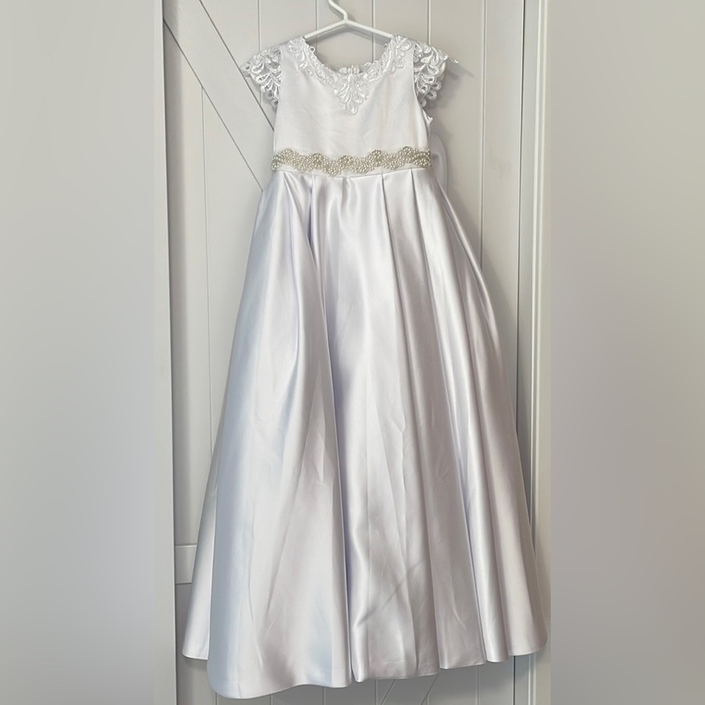 JJs House White Satin Lace Flower-girl Dress with Bow - NWT